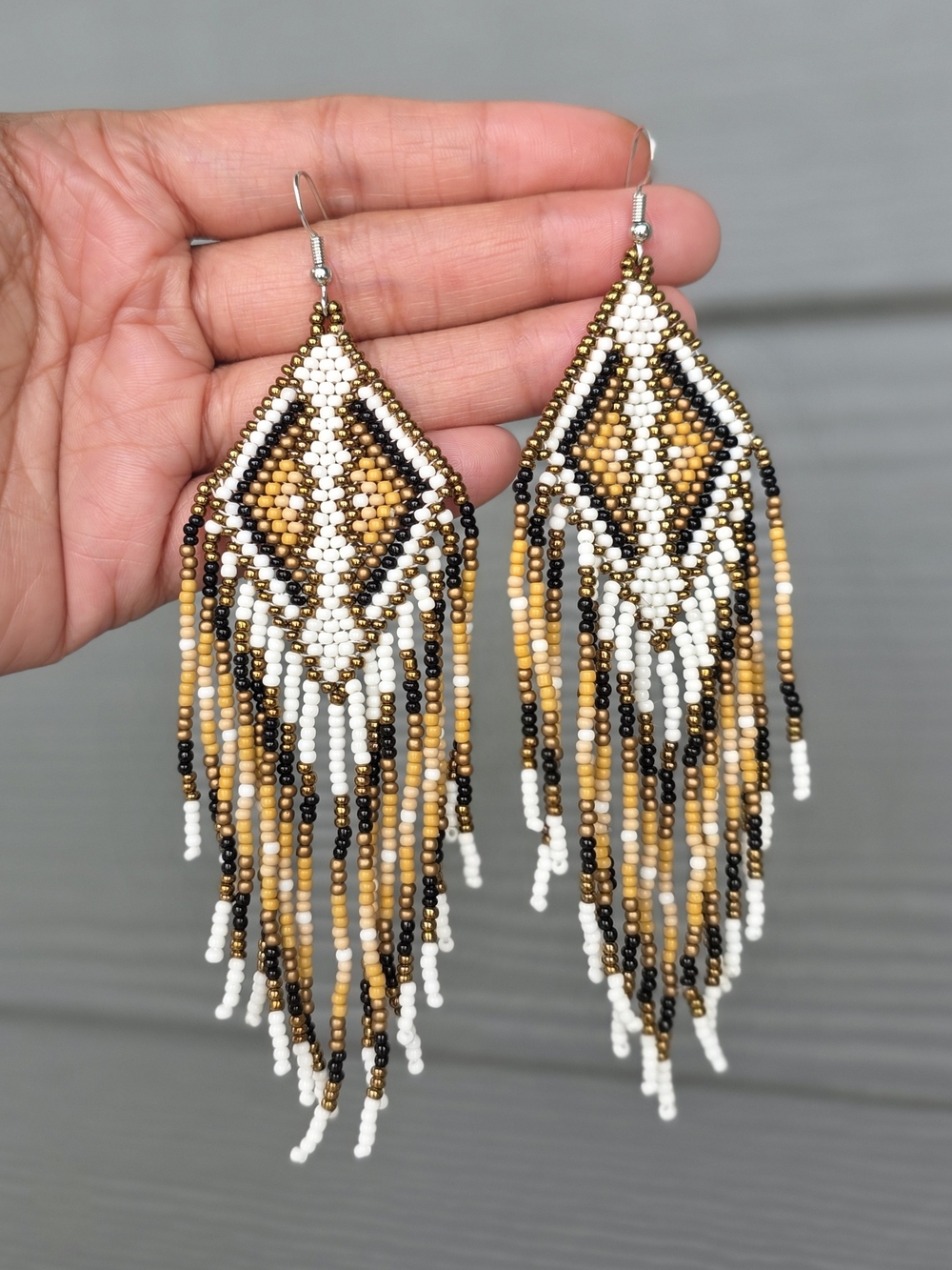 Handmade Dia Southwestern Boho Fringe Beaded Earrings - Brown White